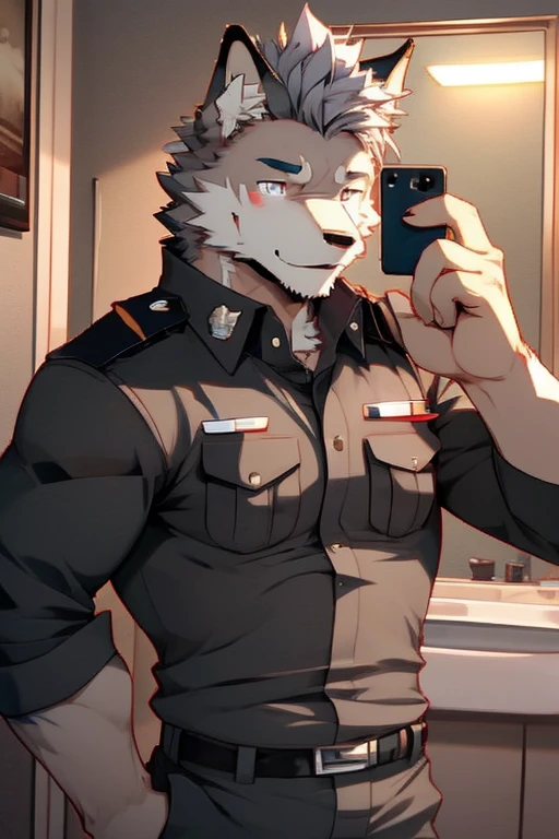 A Top body Picture And Right Side Picture of A Super Muscular Furry style Gray Wolf. he is wearing A Brown Police Outfit Uniform. he is standing in the background. blushes on his face, little spikey hair, little messy hair, gray hair, Ear Blush, Excited, Hands are in pocket, looking at the viewer, He have Long and fluff up tail. He have mostly gray furs, smiling, he have glint gray eyes, he is taking a selfie with his Phone in front of his mirror in his Very small bathroom