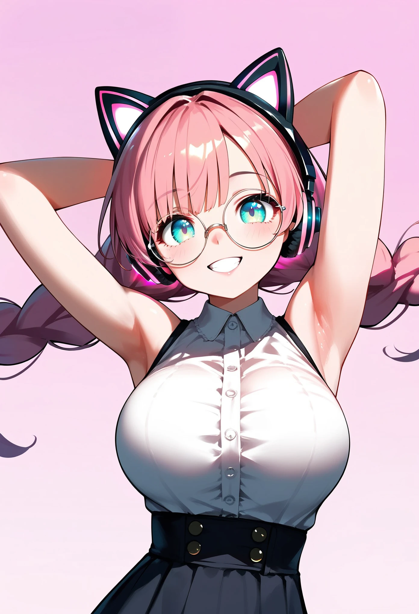  (best quality:1.2), (ultra-detailed:1.2), (2.5D:1.2), (Anime Moe Art Style), 1girl , pink hair,  Cyan eyes, gradient eyes, twin braids, Glowing cat ear headphones, black round glasses ,large breasts, big smile:1.5, (arms raised in the air), simple background,pink background