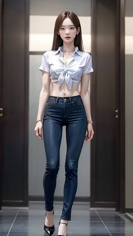 Acurate, 1 Taeyeon、Brown hair、black eyes、Semi-long、setting hair、Slender but well-proportioned muscular body、a smile、wearing a tie-front shirt、Abs are cracked、The navel is visible、Wearing black high heels、wearing very tight blue skinny jeans.、Breasts are big、Full Body from Head to Toe、Standing in a full height from head to the tip of the toe. The picture must capture from head to toe
