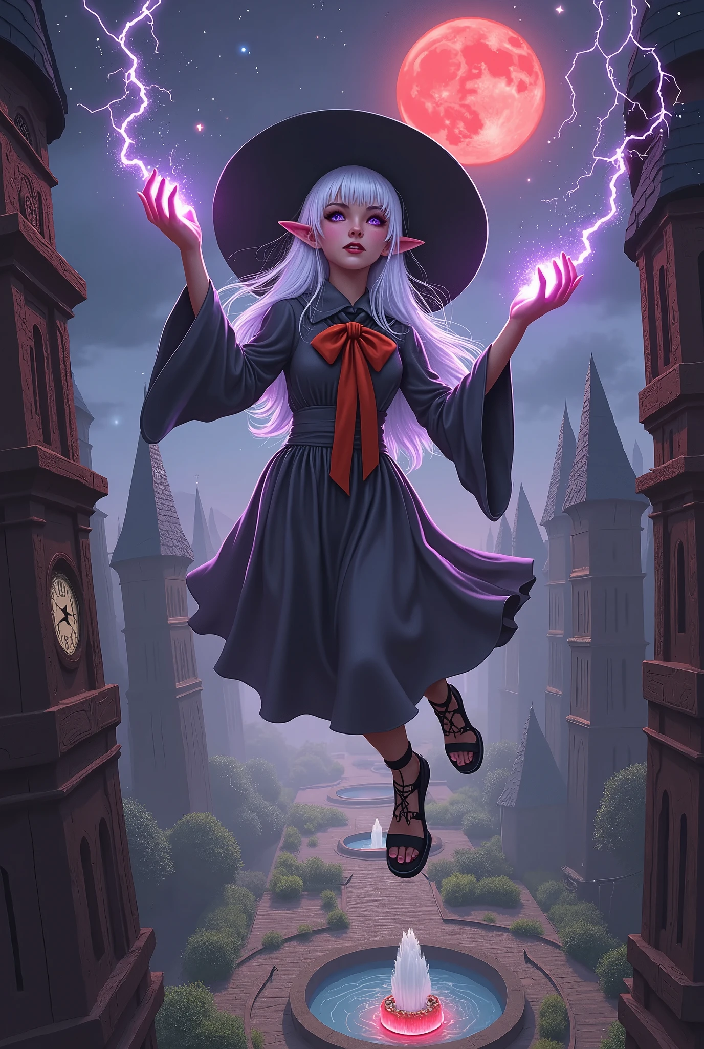 (Ultra-detailed face, Looking away, Fantasy Illustration with Gothic, Dark tone colors, View from above), BREAK 
(With a daring pose and a big helping hand, the dark elf woman leaps from the rooftop of the floating tower to the floating rock with her back to it and her body upside down. She raises her hands in the air and shoots an electric shock from the tip of her hands.), BREAK 
(A young-aged dark elf woman with pure white hair and eyebrows, blunt bangs, long disheveled hair, small pink lips, dark-purple color skin, lavender pupils, thick dark eyeliner around her eyes.), BREAK 
(The dark elf woman wears a wide-brimmed gray caplin with a large orange ribbon tie. She wears an empire dress of gray draped silk over sheer organdie. She wears lace-up sandals with thin crimson laces woven into them.), BREAK 
(A small red moon and twinkling stars illuminate the area. This is the City of Towers, a city of many very tall, very narrow towers made of red clay. There is a fountain in the center of a large floating park above the city, with an old-fashioned clock face floating in the air.)