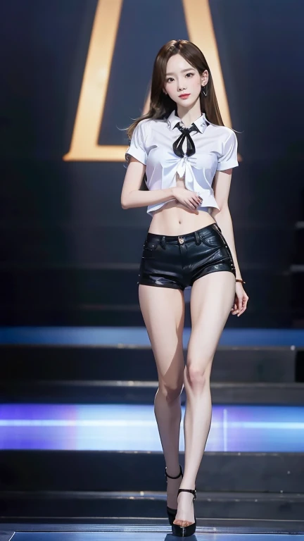 Acurate, 1 Taeyeon、Brown hair、black eyes、Semi-long、setting hair、Slender but well-proportioned muscular body、a smile、wearing a tie-front shirt、Abs are cracked、The navel is visible、Wearing black high heels、Standing in a full height while wearing very tight BLUE skinny jeans.、Breasts are big、Full Body from Head to Toe、Standing in a full height from head to the tip of the toe. The picture must capture from head to toe. The picture must show also the full heels and toes.
