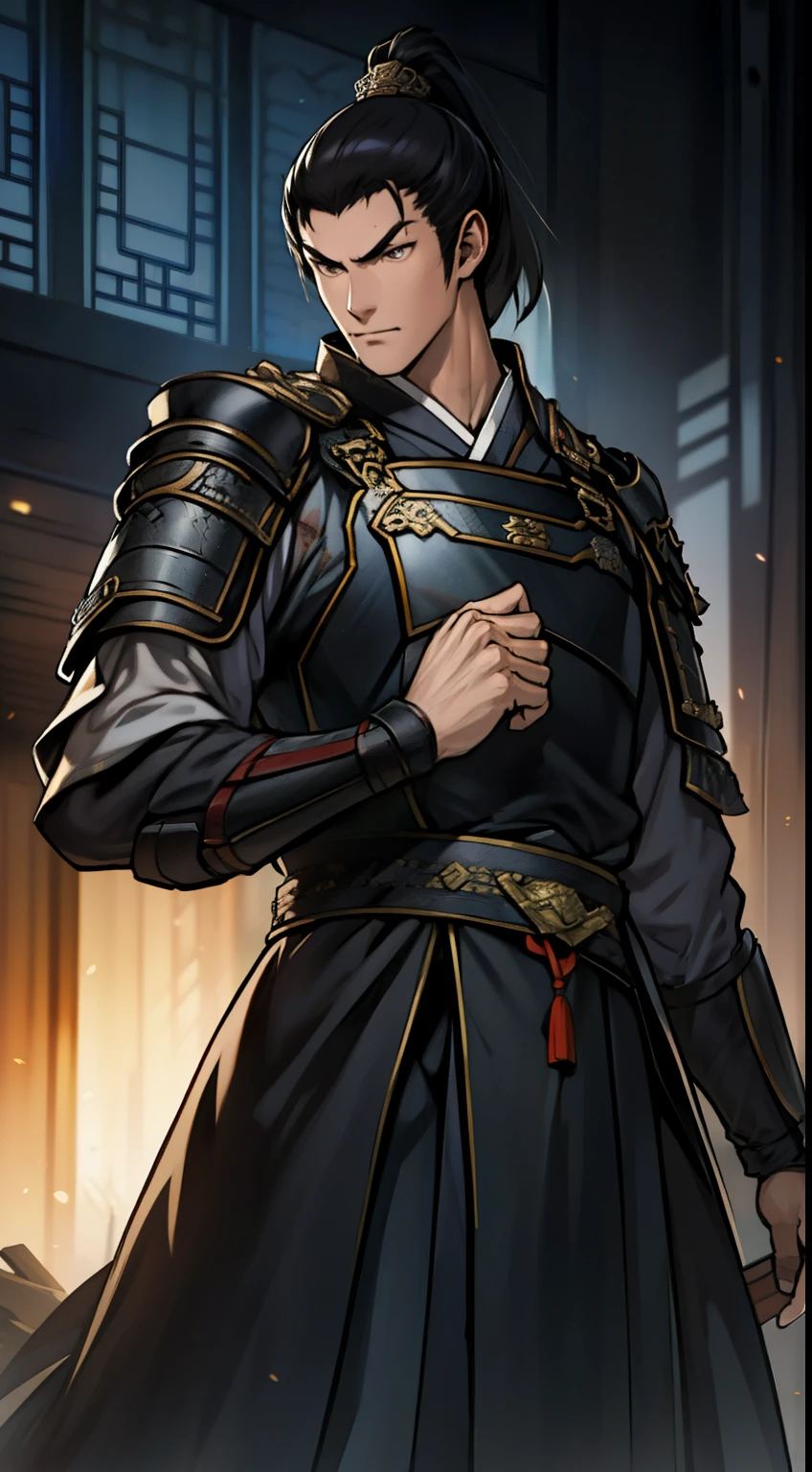 The Second Dimension,Anime style,one person(Male Warrior),Correct proportions,Facial details,swordsman,High Ponytail Hairstyle,Neck details,(Active attention),(在黑暗的night:1),(Best quality),(Honest:1),Record,Realistic skin texture,Very detailed,8k wallpaper,Volumetric Lighting,Dynamic Lighting,A man,Long black ponytail,Black robe,GoldBelt,Small amount of armor,scapular,Waist protector,Gauntlets,Hold the sword in front of you,horse riding,Antique Chinese style,Waist Dagger,Attack Stance,Blood,The clothes were torn,Ancient Chinese Battlefield,A group of soldiers chasing,Arrow Flying,Frequent wars,night,drama,Sword Qi Surrounding,Rich image details,carol,Light,The costumes are complicated,Perfect composition,Refinement,high quality,More details,Lots of details,Complex background,Sense of atmosphere,Game quality,fencing,Light线追踪,Light线追踪,细腻的Light芒,CG Rendering,Hair details,