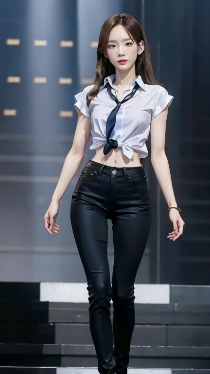 Acurate, 1 Taeyeon、Brown hair、black eyes、Semi-long、setting hair、Slender but well-proportioned muscular body、a smile、wearing a tie-front shirt、Abs are cracked、The navel is visible、Wearing black high heels、wearing very tight blue SKINNY JEANS, Breasts are big、Full Body from Head to Toe、Standing in a full height from head to the tip of the toe. The picture must capture from head to toe
