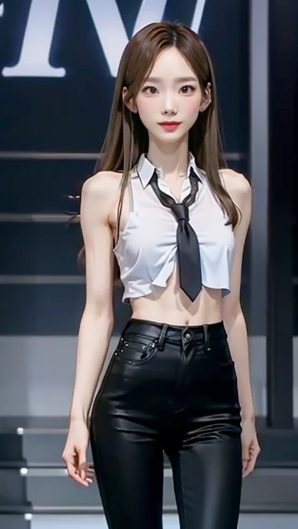 Acurate, 1 Taeyeon、Brown hair、black eyes、Semi-long、setting hair、Slender but well-proportioned muscular body、a smile、wearing a tie-front shirt、Abs are cracked、The navel is visible、Wearing black high heels、wearing very tight blue SKINNY JEANS, Breasts are big、Full Body from Head to Toe、Standing in a full height from head to the tip of the toe. The picture must capture from head to toe
