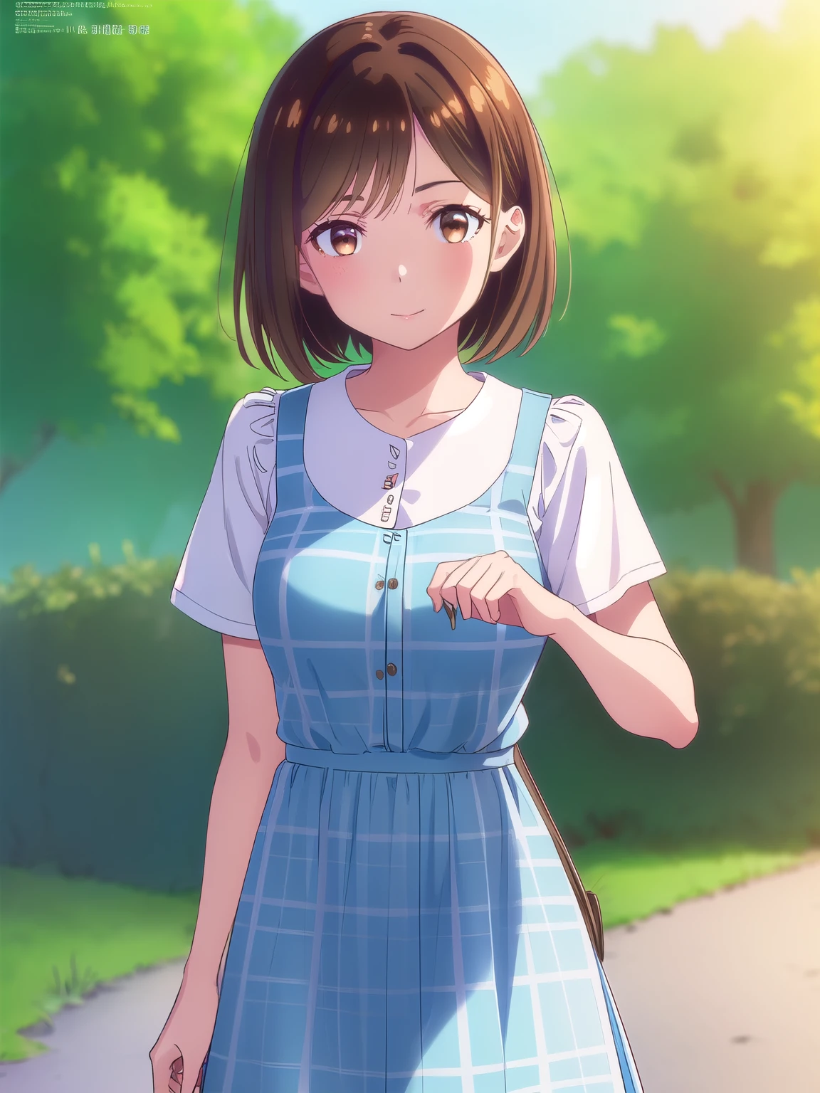 ((light blue checked summer dress)),mizuharachizuru, Chizuru Ichinose, solo woman,(Long Bob:1.5,Shaggy), bangs, Brown Hair, (Brown eyes:1.5), smile,Around town,looking at viewer, (Cowboy Shot:1.5),(masterpiece:1.2), Best Quality, High resolution, Unity 8K Wallpaper, (Illustration:0.8), (Beautiful detailed eyes:1.6), Highly detailed face, Perfect lighting, Highly detailed CG, (Perfect hands, Perfect Anatomy),