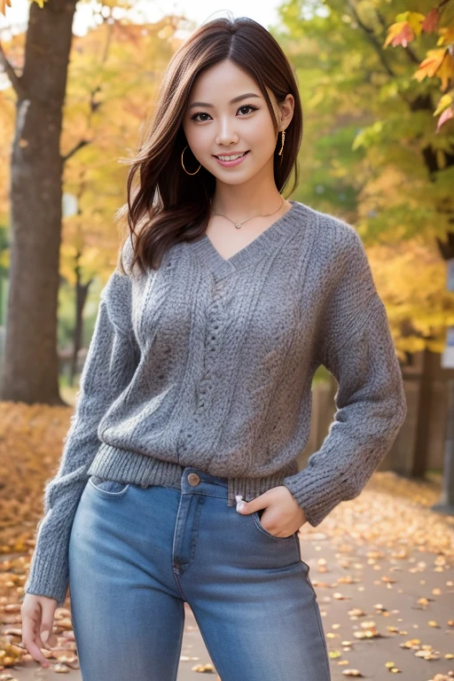 (masutepiece), (Best Quality), Realistic, Photorealism, 1girl, Beautiful woman, Perfect face, Perfect body、(Fashionable autumn clothes) 、Smile, realistic skin textures、high-level image quality、hight resolution、realistic、