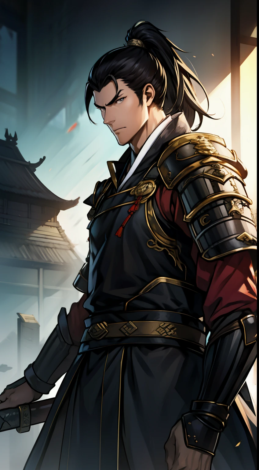 The Second Dimension，Anime style，one person（Male Warrior），Correct proportions，Facial details，swordsman，High Ponytail Hairstyle，Neck details，（Active attention），（在黑暗的night：1），（Best quality），（Honest：1），Record，Realistic skin texture，Very detailed，8k wallpaper，Volumetric Lighting，Dynamic Lighting，A man，Long black ponytail，Black robe，GoldBelt，Small amount of armor，scapular，Waist protector，Gauntlets，Hold the sword in front of you，horse riding，Antique Chinese style，Waist Dagger，Attack Stance，Blood，The clothes were torn，Ancient Chinese Battlefield，A group of soldiers chasing，Arrow Flying，Frequent wars，night，drama，Sword Qi Surrounding，Rich image details，carol，Light，The costumes are complicated，Perfect composition，Refinement，high quality，More details，Lots of details，Complex background，Sense of atmosphere，Game quality，fencing，Light线追踪，Light线追踪，细腻的Light芒，CG Rendering，Hair details，