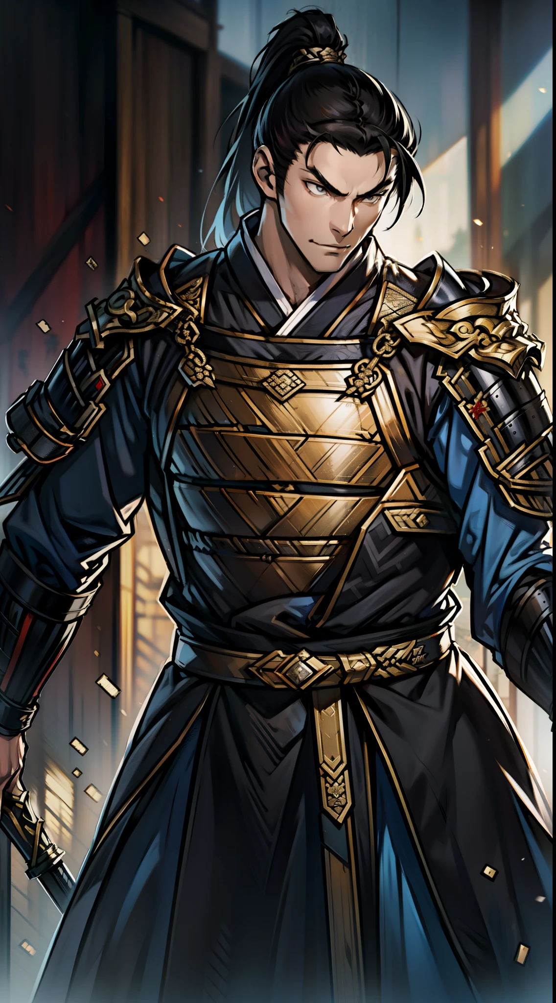 The Second Dimension，Anime style，one person（Male Warrior），Correct proportions，Facial details，swordsman，High Ponytail Hairstyle，Neck details，（Active attention），（在黑暗的night：1），（Best quality），（Honest：1），Record，Realistic skin texture，Very detailed，8k wallpaper，Volumetric Lighting，Dynamic Lighting，A man，Long black ponytail，Black robe，GoldBelt，Small amount of armor，scapular，Waist protector，Gauntlets，Hold the sword in front of you，horse riding，Antique Chinese style，Waist Dagger，Attack Stance，Blood，The clothes were torn，Ancient Chinese Battlefield，A group of soldiers chasing，Arrow Flying，Frequent wars，night，drama，Sword Qi Surrounding，Rich image details，carol，Light，The costumes are complicated，Perfect composition，Refinement，high quality，More details，Lots of details，Complex background，Sense of atmosphere，Game quality，fencing，Light线追踪，Light线追踪，细腻的Light芒，CG Rendering，Hair details，