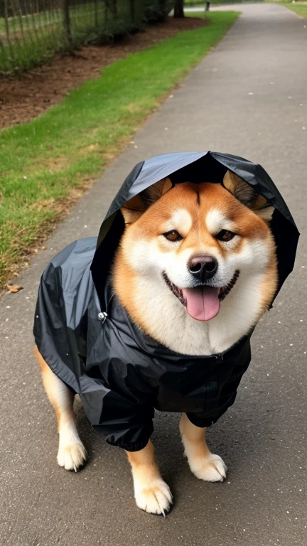 A photo of a Shiba Inu wearing a raincoat