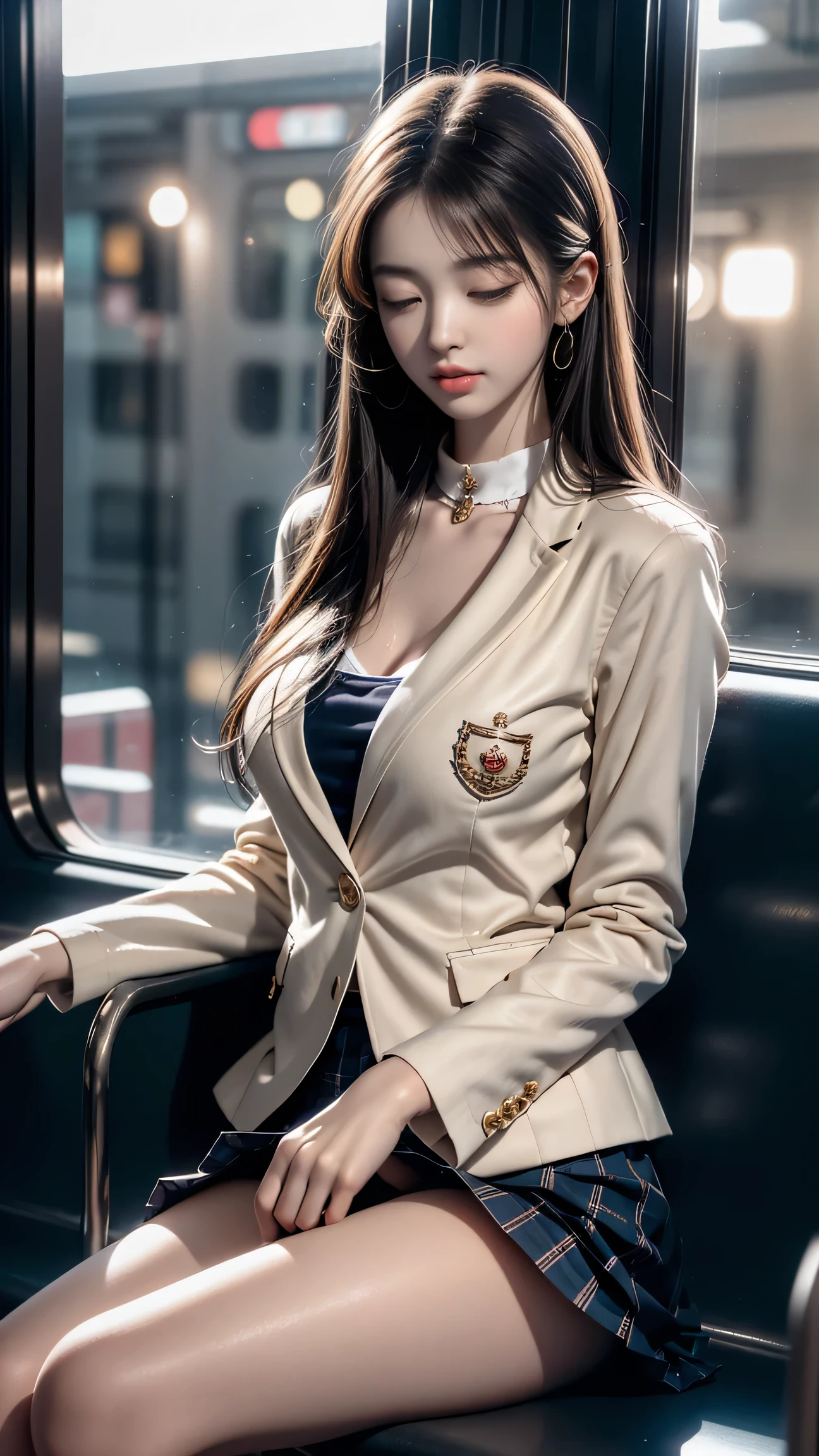 ((Girl standing near the train door))、((Rear view))、((look back))、Top quality work、Actual work、Ultra Premium Graphics、8K HD CG Works、High Quality Graphics、High resolution CG work、10x pixels、Extremely fine detail:1.1、Advanced technical details:1.1 Photorealistic、Natural light:1.5。Light effects(Virtual Light Effects:1.8)、長いSilver Hair、Silver Hair、Transparent Hair、Hair with attention to detail(Premium Hair Detail:1.1)Clear Eyes、Beautiful double eyelids、Sharp eye make up、Delicate eyelash makeup、Thin eyebrows、Highly detailed eyes、High nose、Nice red lips、Rose Cheeks、Subtle makeup face、Cute face、Perfectly Proportioned Face、(Advanced Face Detail:1.1)、girl、Like a fairy in a painting、slim and sexy legs、A beautiful face is beautiful and delicate、Like a finely carved piece of jade、It shows patience and wisdom。The nose is straight,Cherry Lip Color、Her face is clear,Her skin is as white as jade,Gives a healthy glow,Her makeup is light and subtle,Not too decorative,A light-toned foundation enhances the clarity of your skin.,eye make up:Eyeshadow and eyeliner,Make her eyes bright and cheerful、Adds a touch of glamour and sophistication,((High school girl))、((White blazer、Chest Emblem))、(White blouse)、(Red tie)、(Navy blue checked skirt)、(I can see her white panties)、Her hair is casually tied back,Fixed with hosta,A few strands of hair are swaying gently in the wind,Add a little softness、It charmed everyone.、Elegance、Mystery、Powerful、(Shot from below)、(Hold up the skirt),(Lift-up skirt)、