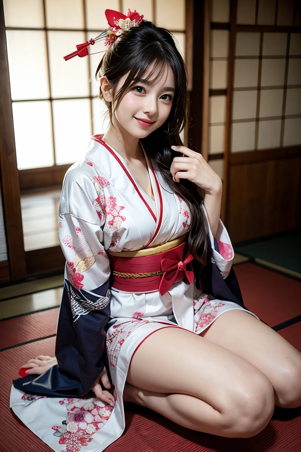 ((highest quality, 8k)), ((masterpiece)), (Familiar), Perfect Face, Fox Woman, Beautiful woman, public, There is a tail, She has a thick, long tail, she has a fox tail, She wags her tail, smile, collar with bell, She is wearing a kimono, Beautiful Hips, big breasts , Big tail, tail, Climb up on all fours