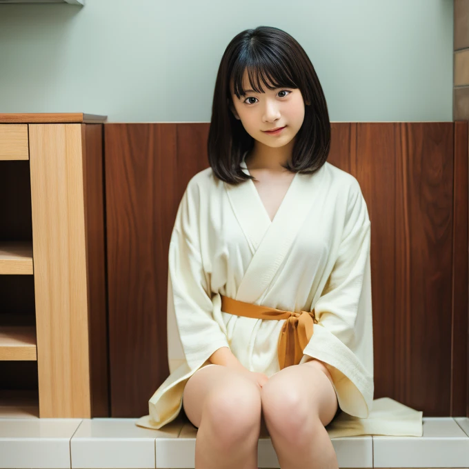 (masterpiece),(4K),(detailed photo),(high quality photo),A portrait of a Japanese idol female,teenager,no makeup ,in a minimalist setting, sitting on a toilet,wearing loose-fitting bathrobe on naked body , legs crossed, large format film, soft atmosphere、(((小さい胸)))、(((平らな胸))),short hair,open mouth,close to viewer 、おじさんのアレを握って欲しい