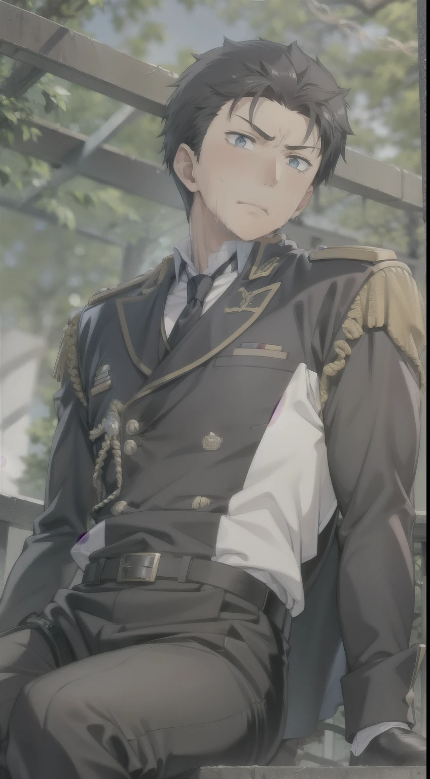 Hector Fay, Ultra high quality cg, solitary, Looking at the audience, Open your mouth, Sweating, Wet, Drooling, Gloves, 1 man,, Male focus, tie,shirt, military uniform,Lie down with your legs open