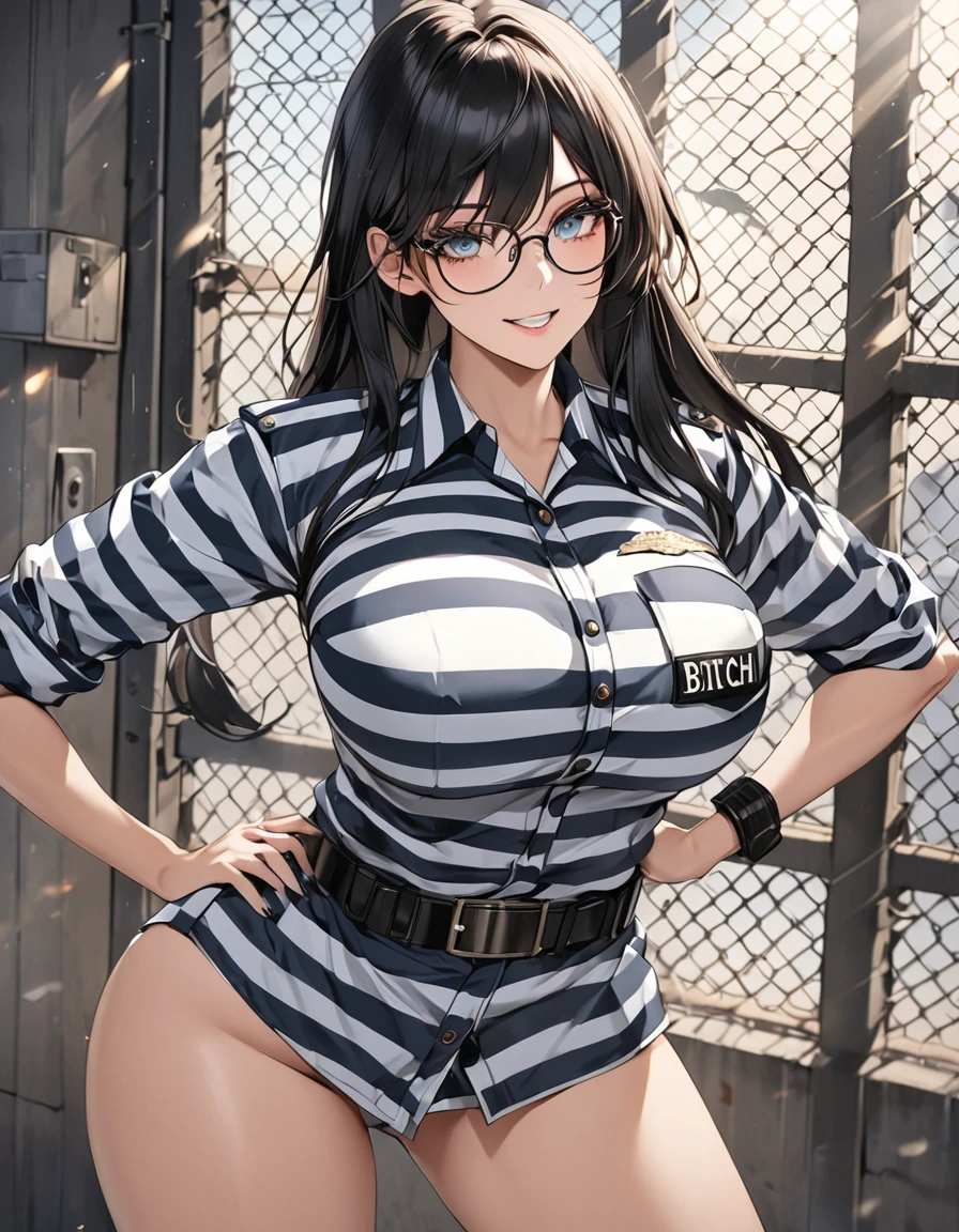 masterpiece, best quality, highly dramatic picture, beautiful eyes, cinematic lens effect, ((prison guard)), ((Busty Bitches)),  ecchi girl sexy photoshoot, confident pose, smile , glasses 