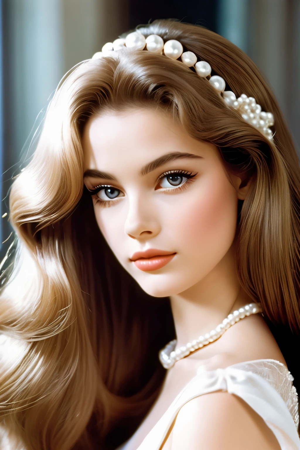 Film stll, 1970s elegant french style, 1girl, pearl, realistic, long hair, portrait