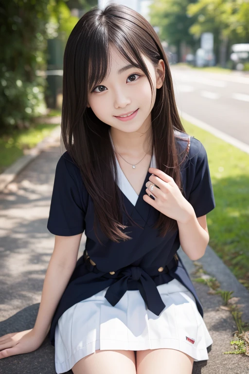 High quality masterpiece, 8k, , Japanese Girls, RAW Photos, Absurd, Winner portrait smile face, 笑face, Alone, Uniform, Summer Clothes Idol&#39;face, violet, Gardenia, Delicate girl, Long black hair, Dark Eyes, Upper body digital SLR, Observe the audience, Frank, Sophisticated, Like々Shii, Thin arms, Professional Writing, Film Grain, chromatic aberration, (Details of the eye and face: 1.0), (Bokeh button:1.1)