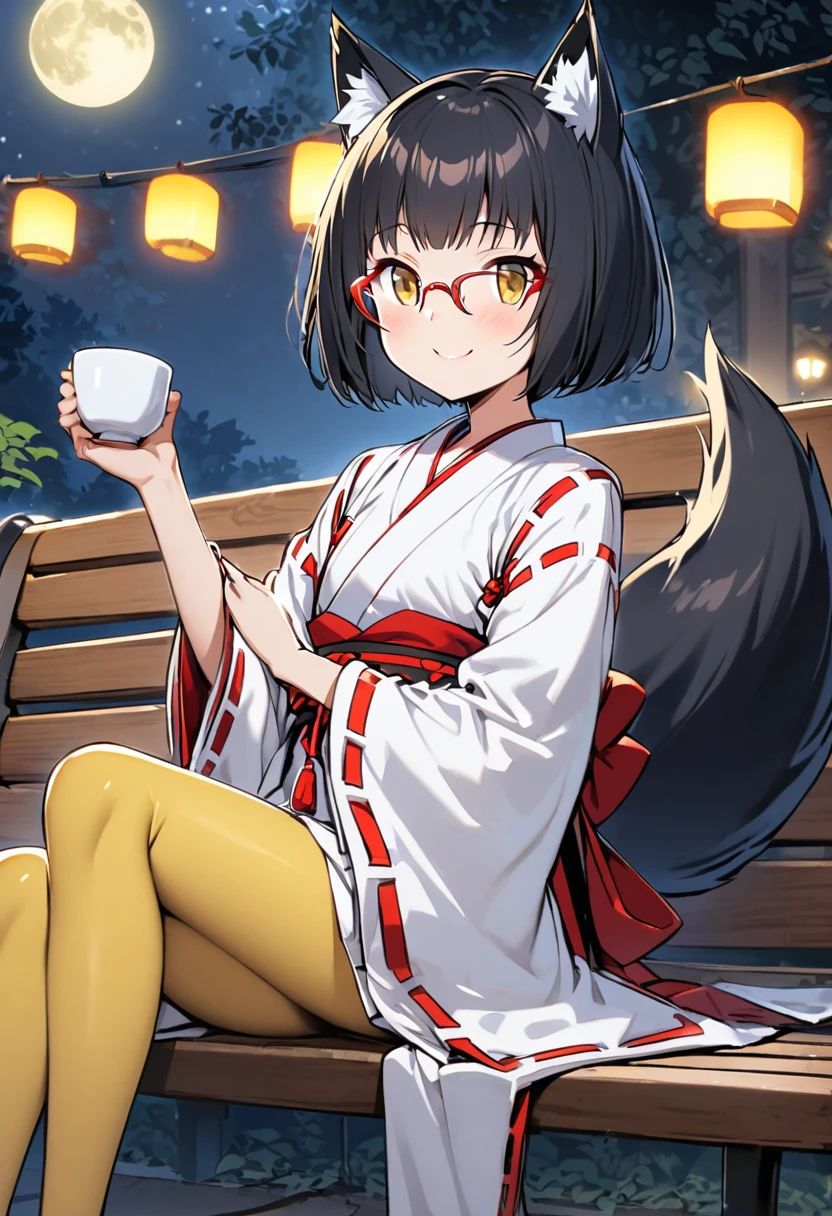 Fox Girl,One Girl,Slim figure,Flat Chest,Golden Eyes,Red-rimmed glasses,Droopy eyes,Happy smile,fun,short hair,Bobcut,Black Hair,Black fox ears,Miko costume,Short black pleated skirt,Black fox tail,Deep golden yellow tights, Bench sitting,with a cup in hand,night,full moon