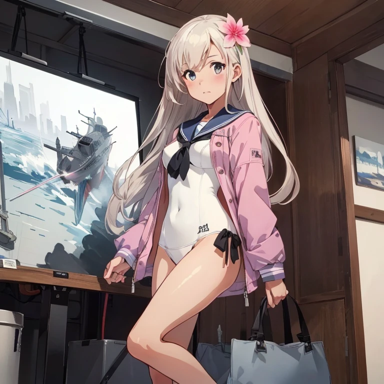 ro500, long hair, hair flower, tan,one-piece swimsuit, sailor collar,pink jacket, white bikini,
 (masterpiece:1.4),(best quality:1.4), (premium:1.4), (great illustration:1.4), (ultra-detailed:1.4),(art CG, 8K),1girl solo, KonishiCSA, full body, 

