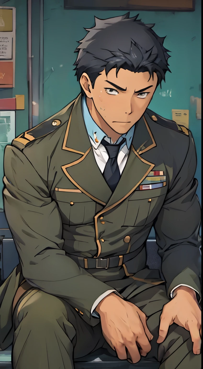 Hector Fay, Ultra high quality cg, solitary, Looking at the audience, Open your mouth, Sweating, Wet, Drooling, Gloves, 1 man,, Male focus, tie，shirt， military uniform，Lie down with your legs open
