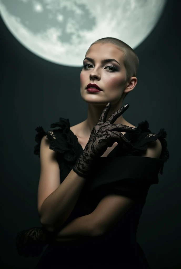 under pale moonlight insane detail, insane cinematic morbid of a goth , her lace gloves black with patterns, caressing her lips tracing along her face, beckoning to flow cascading her touch is soft delicate and elegantly sensual, her bald head glistening under the pale moon
