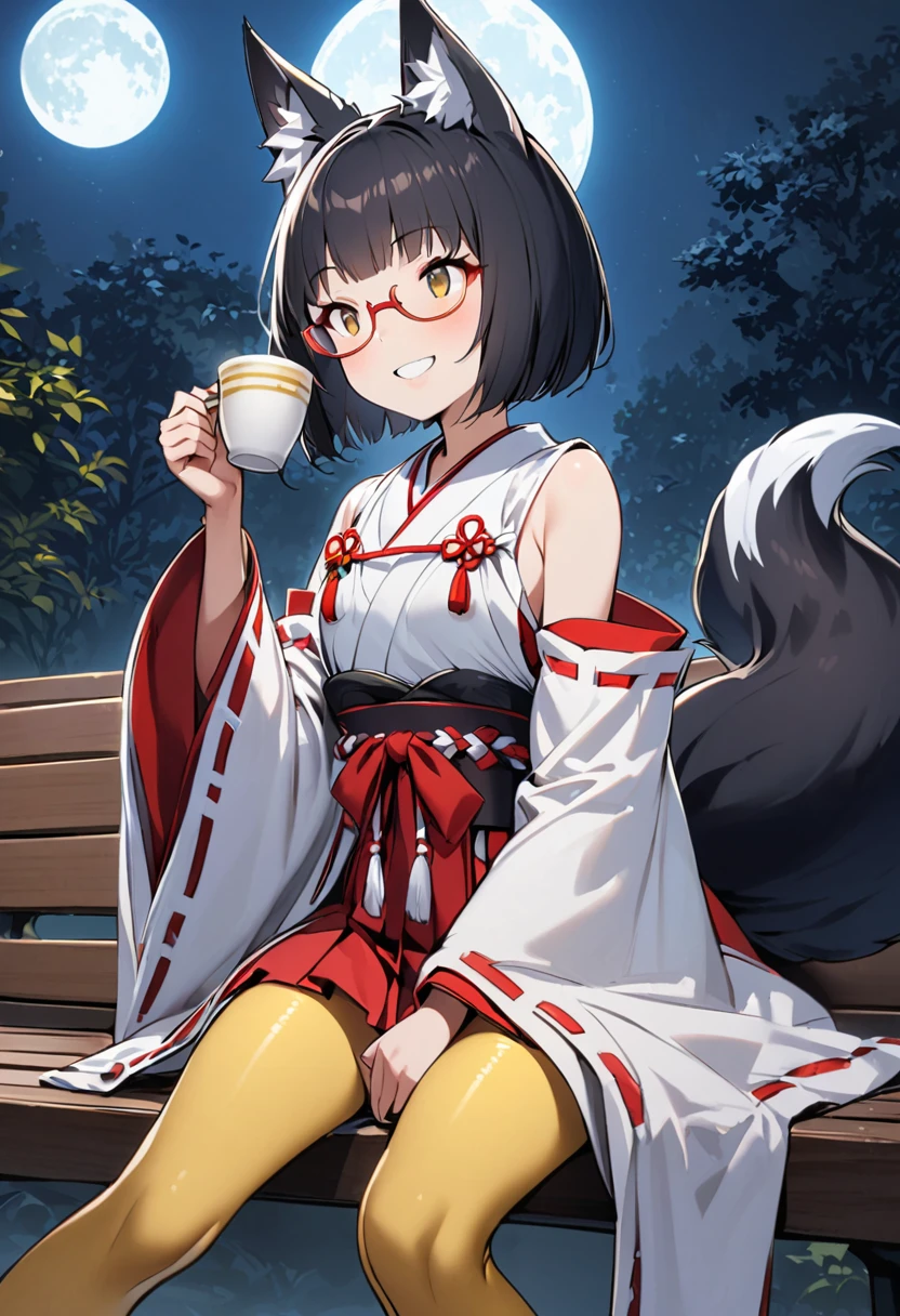 Fox Girl,One Girl,Slim figure,Flat Chest,Golden Eyes,Red-rimmed glasses,Droopy eyes,Happy smile,fun,short hair,Bobcut,Black Hair,Black fox ears,Miko costume,Short black pleated skirt,Black fox tail,Deep golden yellow tights, Bench sitting,with a cup in hand,night,full moon