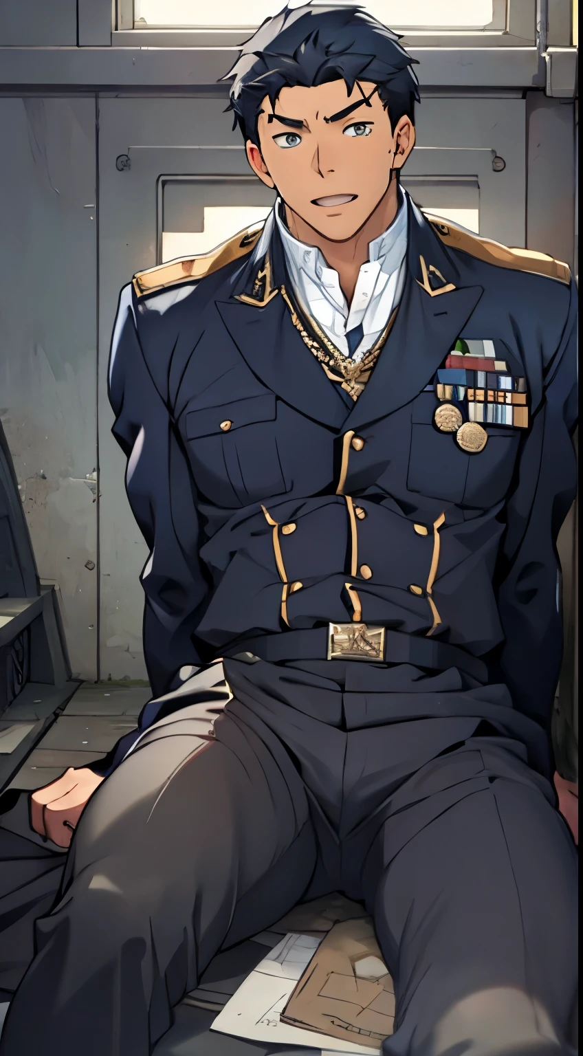 Hector Fay, Ultra high quality cg, solitary, Looking at the audience, Open your mouth, Sweating, Wet, Drooling, Gloves, 1 man,, Male focus, tie，shirt， military uniform，Lie down with your legs open
