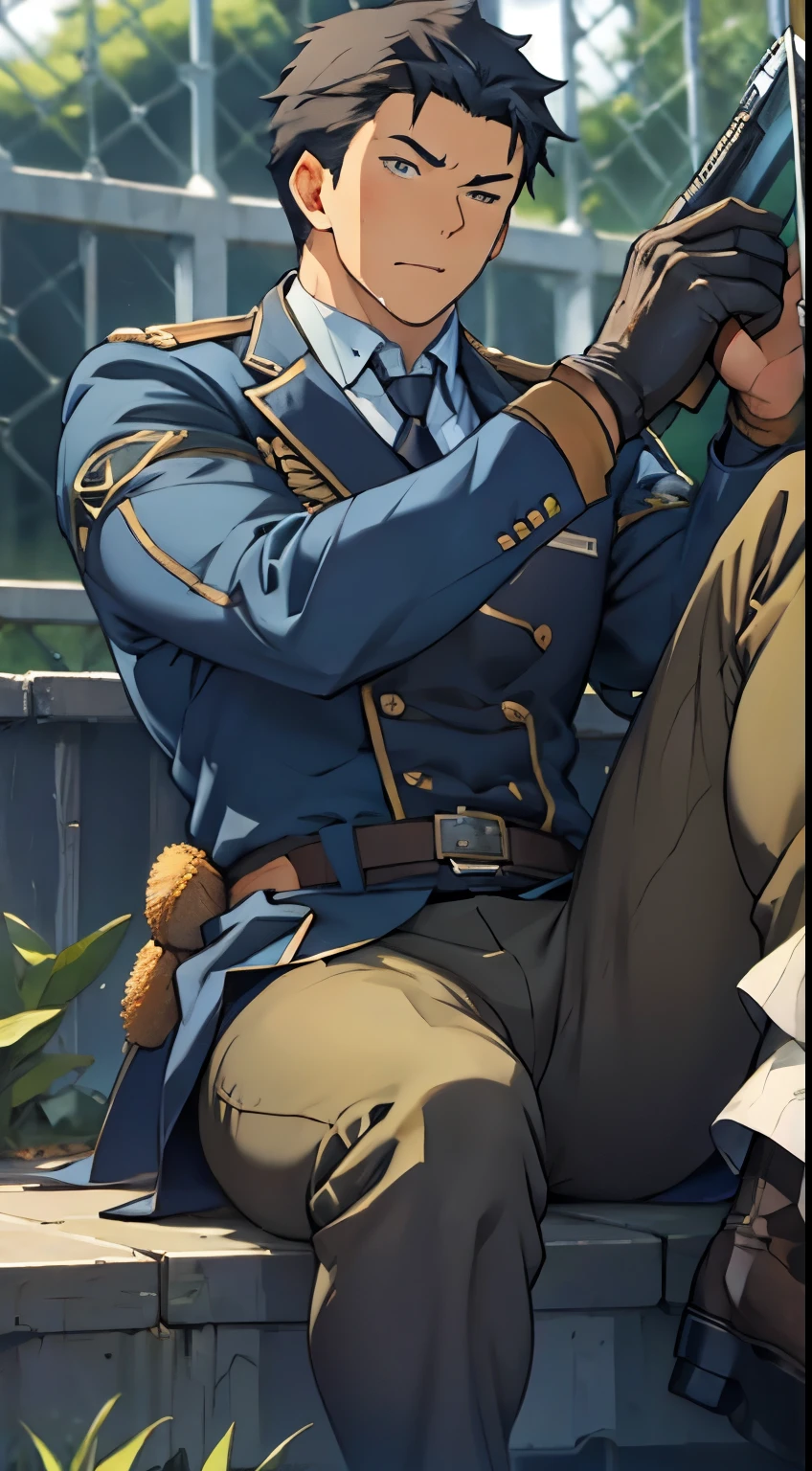 Hector Fay, Ultra high quality cg, solitary, Looking at the audience, Open your mouth, Sweating, Wet, Drooling, Gloves, 1 man,, Male focus, tie,shirt, military uniform,Lie down with your legs open