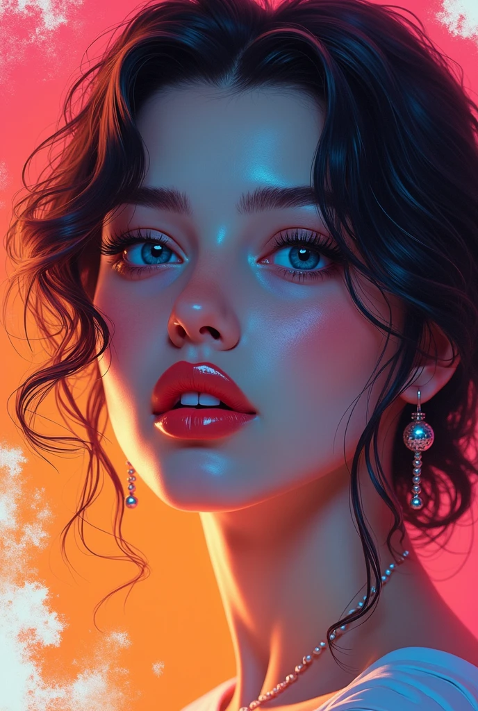  digital thick colored splash photo realistic face art 64k, maximum screen Beautiful red lips, beautiful color, blue eyes, young woman&#39;s face, free and stylish, neon reflexes are bright and soft to the eyes.