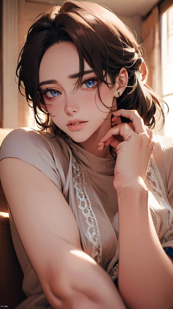 "(8k, RAW photo, highest quality), beautiful girl, upside-down, lying on back, detailed eyes:1.2 (looking at the camera:1.2), highest quality, best shadow, intricate details, interior, bed"