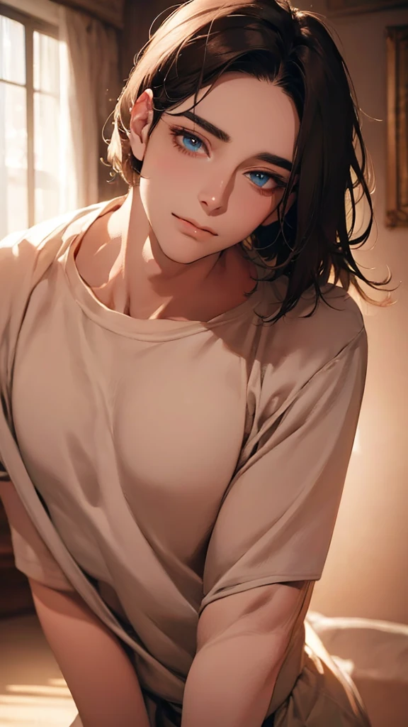 1 boy, handsome, cute, 12 years old,flat chest, sitting on the bed, upper body naked, lower body cover in blanket, the sun shines on body, beautiful, 12 years old, (muscle:0.3)