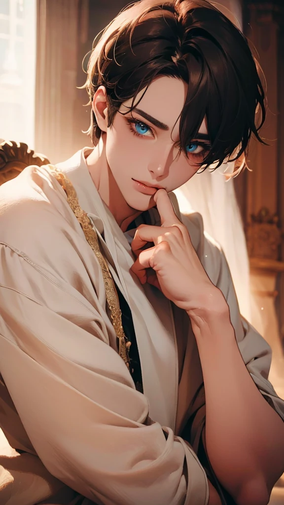 a male character with beautiful detailed eyes, detailed lips, extremely detailed face, long eyelashes, perfect face shape, no errors, naughty expression, sticking out tongue, different colored eyes, in a palace room, (best quality,4k,8k,highres,masterpiece:1.2),ultra-detailed,(realistic,photorealistic,photo-realistic:1.37),vivid colors,dramatic movie lighting,photorealistic,masterpiece,usando óculos