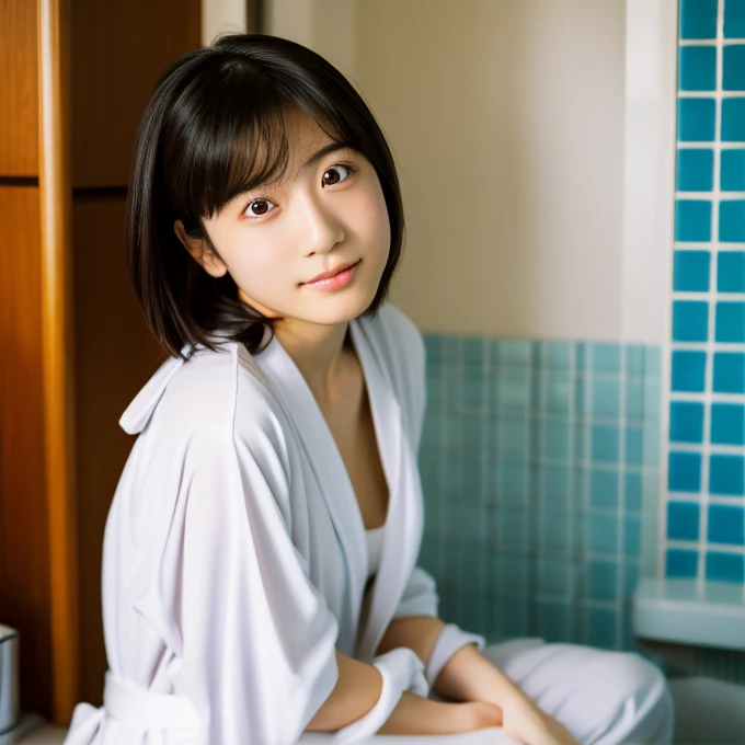 (masterpiece),(4K),(detailed photo),(high quality photo),A portrait of a Japanese idol female,teenager,no makeup ,in a minimalist setting, sitting on a toilet,wearing loose-fitting bathrobe on naked body , legs crossed, large format film, soft atmosphere、(((小さい胸)))、(((平らな胸))),short hair,open mouth,close to viewer 、おじさんのペニスをシェイクします