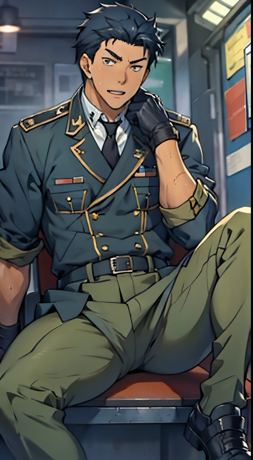 Hector Fay, Ultra high quality cg, solitary, Looking at the audience, Open your mouth, Sweating, Wet, Drooling, Gloves, 1 man,, Male focus, tie，shirt， military uniform，Lie down with your legs open
