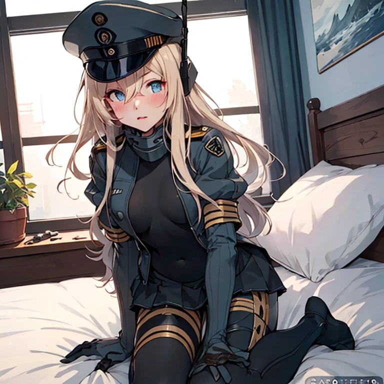 u_511_kantaicollection,
long_hair, blue_eyes, blonde_hair, hat, garrison_cap, military,
 (masterpiece:1.4),(best quality:1.4), (premium:1.4), (great illustration:1.4), (ultra-detailed:1.4),(art CG, 8K),1girl solo, KonishiCSA, full body, blush,bed,

