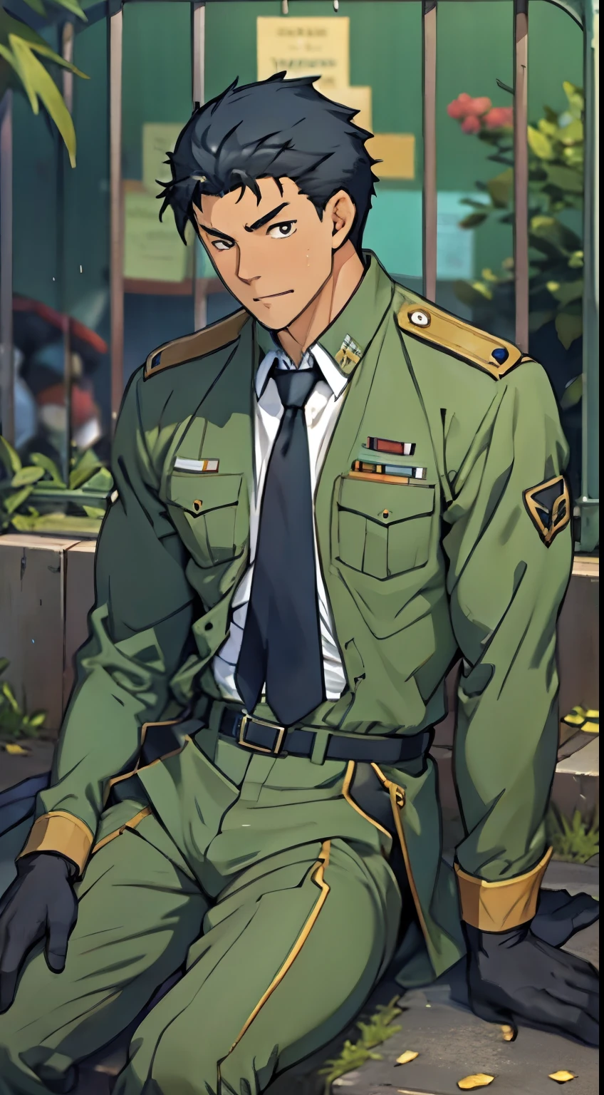 Hector Fay, Ultra high quality cg, solitary, Looking at the audience, Open your mouth, Sweating, Wet, Drooling, Gloves, 1 man,, Male focus, tie,shirt, military uniform,Lie down with your legs open