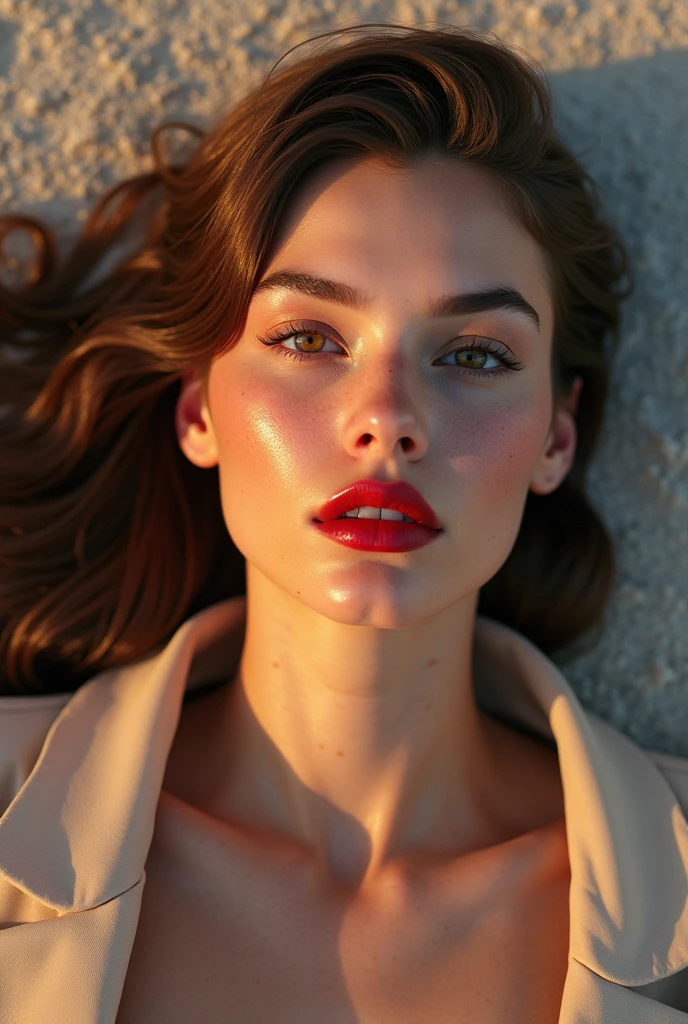 national geograhic photo of JoSkriver beautiful woman hair , double bun, freckles, moles, skin textures, posing on cosmic beach, full red lips, (masterpiece) (best quality) (detailed) (8k) (HDR) (wallpaper) (cinematic lighting) (sharp focus) (intricate) stormy clouds