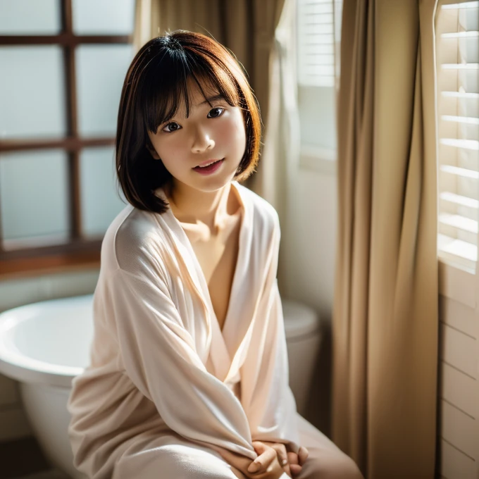 (masterpiece),(4K),(detailed photo),(high quality photo),A portrait of a Japanese idol female,teenager,no makeup ,in a minimalist setting, sitting on a toilet,wearing loose-fitting bathrobe on naked body , legs crossed, large format film, soft atmosphere、(((小さい胸)))、(((平らな胸))),short hair,open mouth,close to viewer 、おじさん出していいよ