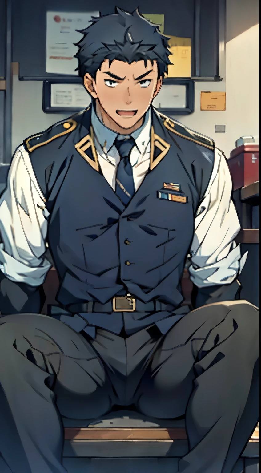 Hector Fay, Ultra high quality cg, solitary, Looking at the audience, Open your mouth, Sweating, Wet, Drooling, Gloves, 1 man,, Male focus, tie，shirt， military uniform，Lie down with your legs open
