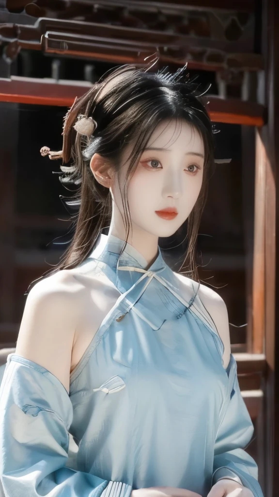 Hanfu，palace，穿Hanfu的女孩，Wearing ancient Chinese clothing，Traditional Chinese Clothing，Ancient Chinese Clothing，Ancient Chinese Princess，Chinese，Half-exposed shoulders，Beth，(masterpiece),(Best quality:1.1),(Very detailed),Best Illustration,Fine details,(portrait:1.1),(Intense close-up)，(Extremely delicate and beautiful face），Frontal，Jewelry