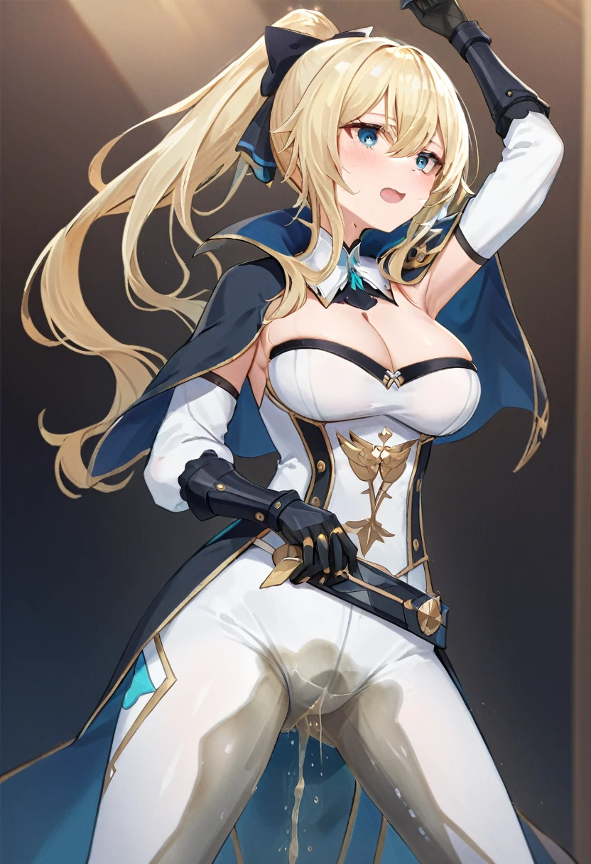 score_9, score_8_up, score_7_up, score_6_up, score_5_up, (1girl:1.5), solo, (\qin\), girl, long hair, blonde hair, ponytail, blue capelet, black gloves, tight pants, (white pants:1.5), extremely detailed eyes and face, detailed facial features, (wetting self:1.5), (grabbing crotch:1.5), (arms under breasts:1.5), exposed breasts, nipples, embarrassed, humiliation, angry, (standing straight:1.5), tears, (best quality,4k,8k,highres,masterpiece:1.2),ultra-detailed, portrait, cinematic lighting, dramatic contrast, full body