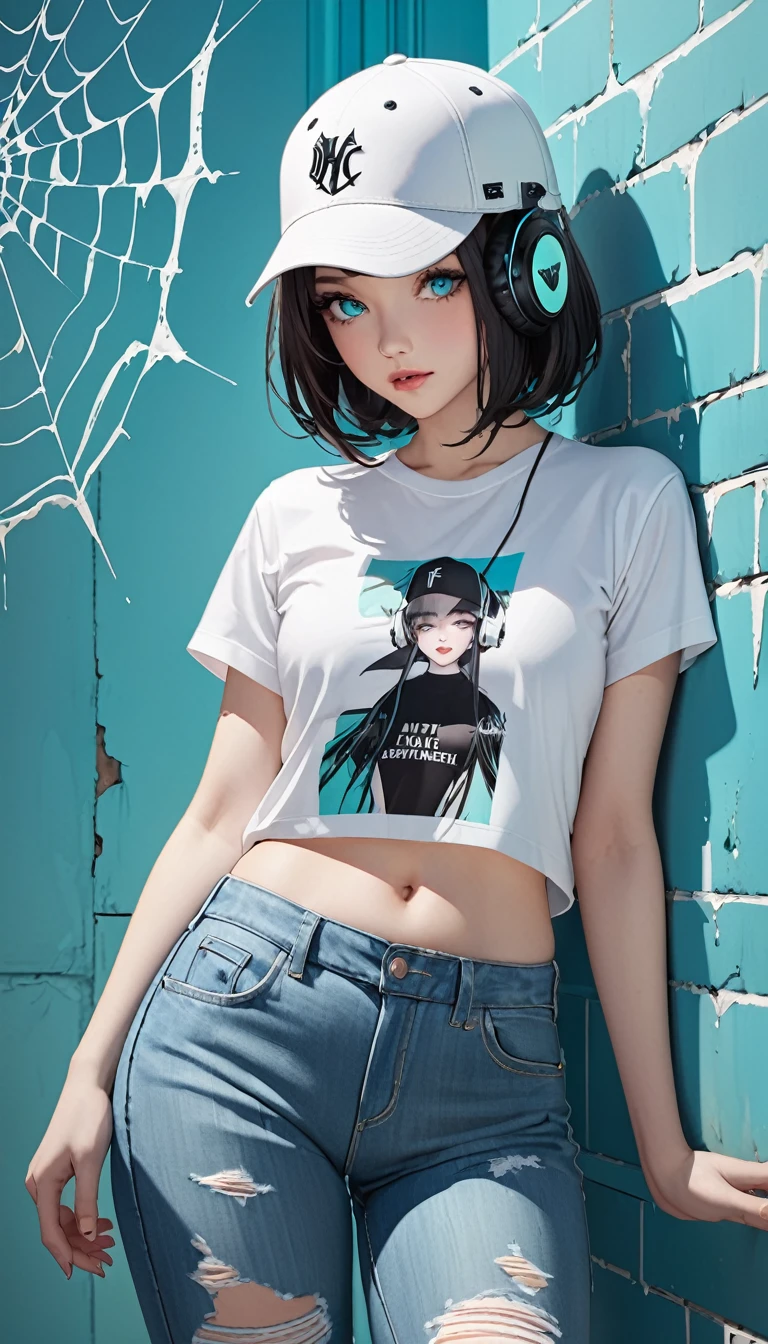 whole body, Anime character, stylish girl, fashion, baseball cap, black t-shirt, baggy cargo pants, gravure, absurdres, RAW photo, extremely delicate and beautiful, masterpiece, Best Quality, ultra high resolution, 32k, hyperrealistic, ultra-detailed, perfect figure, perfect shape, detailed description, pale skin, 20 years old, detailed beautiful face and eyes, tearful mole, earring, short medium hair, wavy hair,