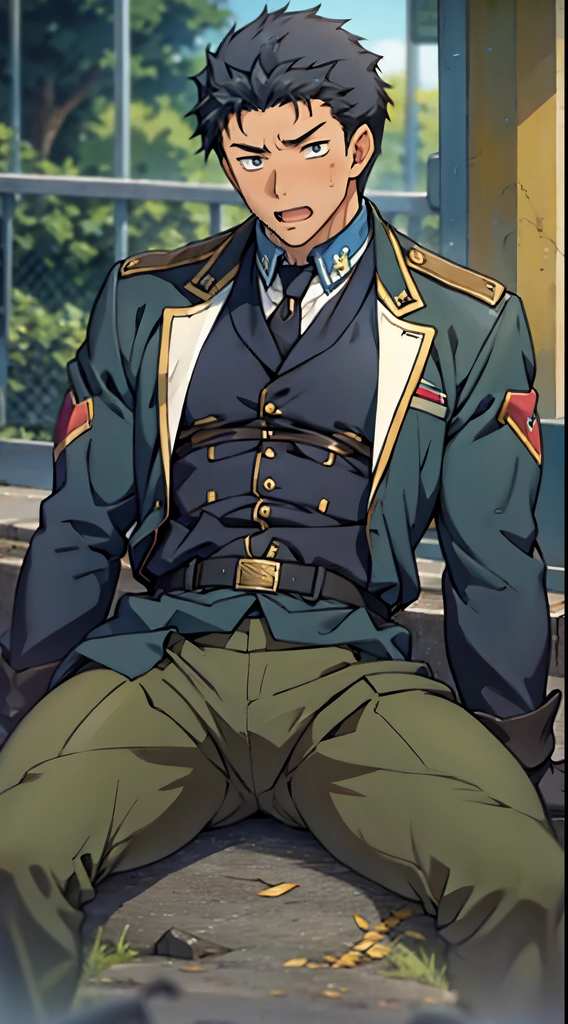 Hector Fay, Ultra high quality cg, solitary, Looking at the audience, Open your mouth, Sweating, Wet, Drooling, Gloves, 1 man,, Male focus, tie,shirt, military uniform,Lie down with your legs open