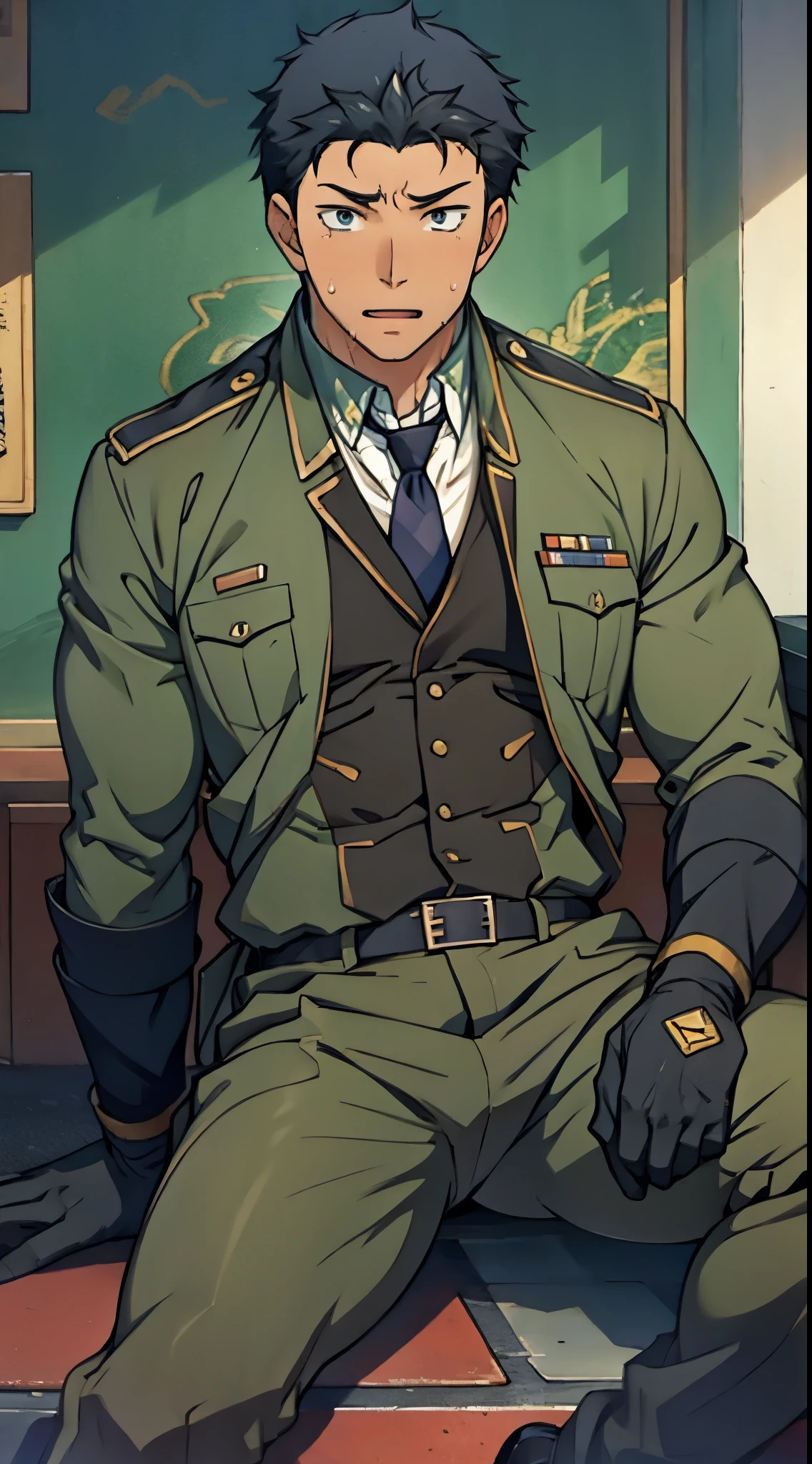 Hector Fay, Ultra high quality cg, solitary, Looking at the audience, Open your mouth, Sweating, Wet, Drooling, Gloves, 1 man,, Male focus, tie，shirt， military uniform，Lie down with your legs open
