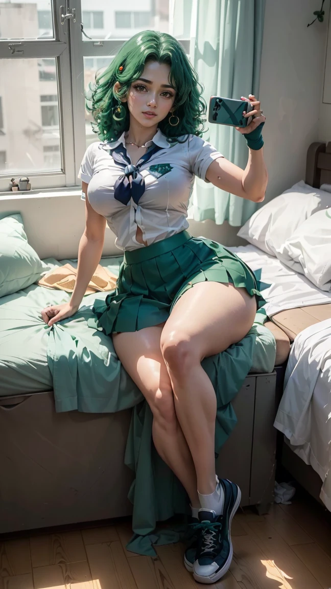 sailor neptune, very beautiful, blue eyes, very giant breasts, shaped legs, very large buttocks, very short curly green hair ((He is in his room taking a selfie)) ((dressed in a school uniform, white button-down shirt, short tie, wide, short, very tiny, wide, colorful, very sexy and sensual microskirt and white sneakers with very long stockings up to the thighs)), posing very sexy and sensual, Very nice room with a large window, good lighting, 4k resolution (( Extremely very giant breasts and extremely very giant legs))