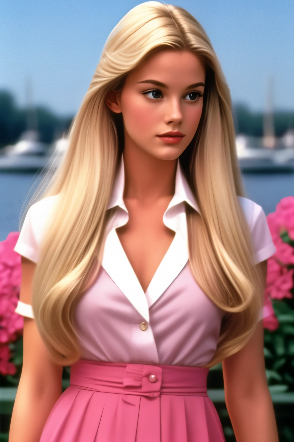 Film still, preppy girl, feminine, sophisticated, long blonde hair, 1990 movie