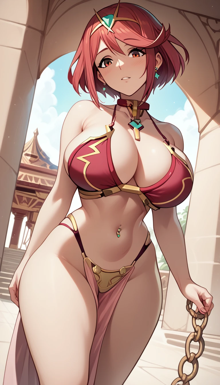 score_9, score_8_up, score_7_up, source_anime, best quality, solo, clear face, huge breasts, perfect body, looking at viewer, slave, pink slave bikini, palace, standing, dynamic angle, red high leg thong, from behind, big ass, wide hips, green navel piercing, red pelvic curtain, pyra, short hair, 