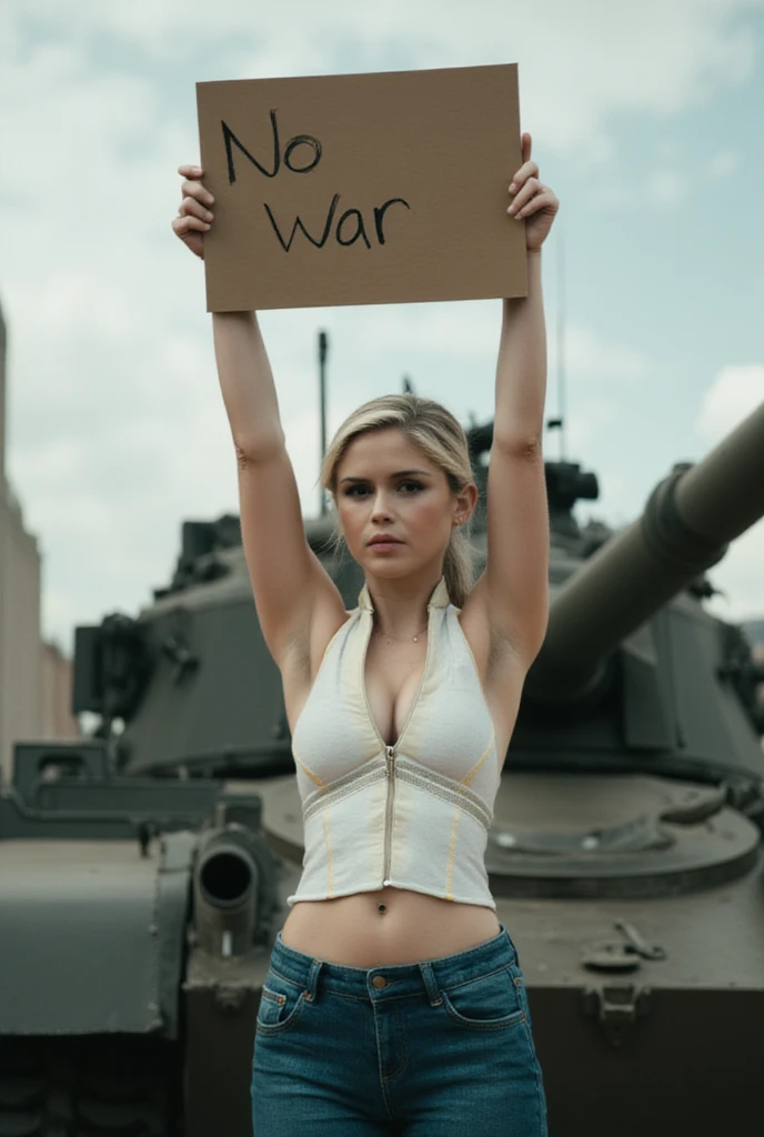 st4rl1ght with placard standing in front of tank, holding placard above her head that reads “no war”, strong willed back, ponytail, wearing white shirt and jeans, Perfect hand, ((masterpiece, highest quality, Highest image quality, High resolution, Raw photo, Extremely detailed CG unified 8k wallpaper)), (Huge and stunning goddess shot, Very hot and sexy, Incredible beauty, Perfect Proportions, Beautiful body, Slim body beauty:1.4), photorealistic