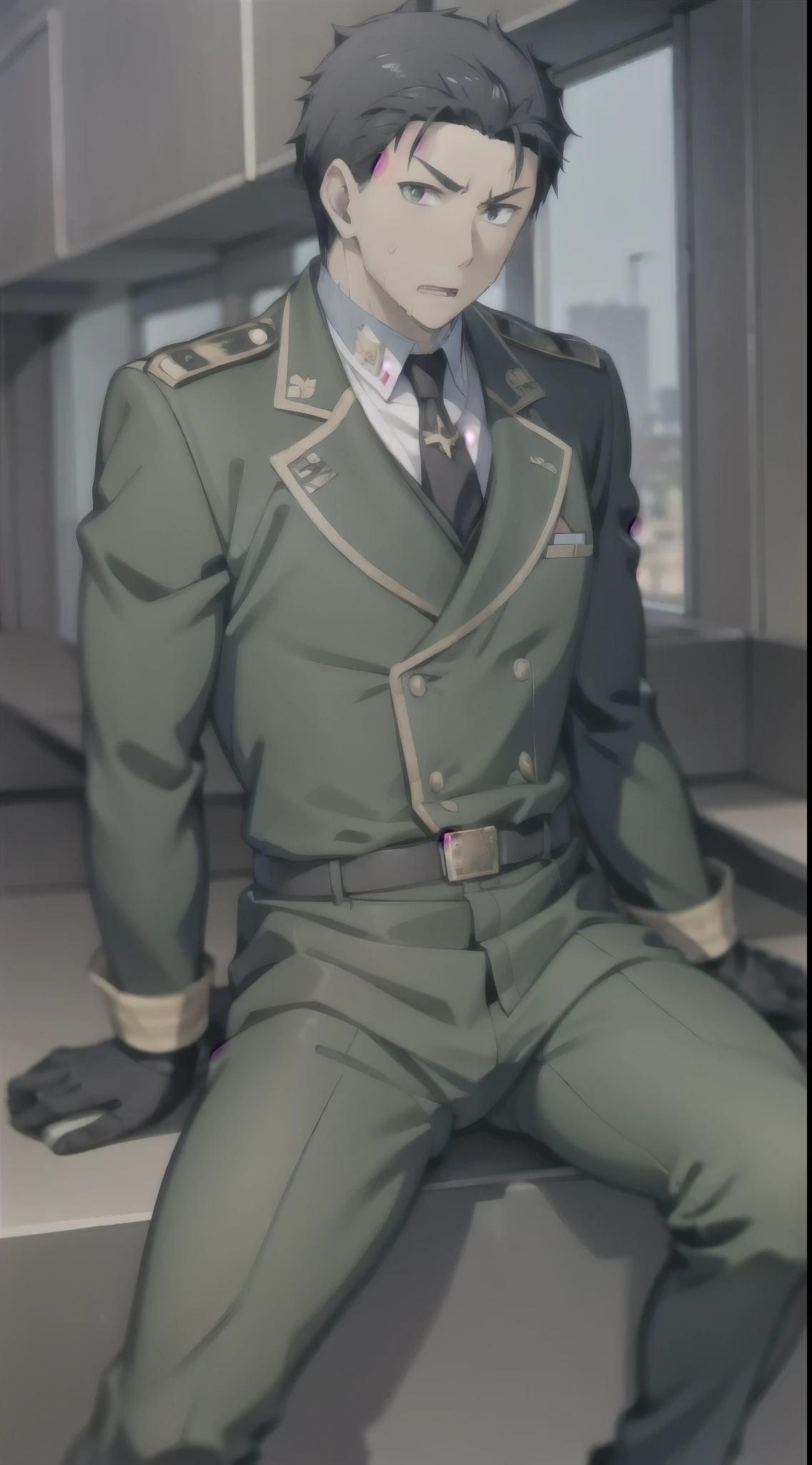 Hector Fay, Ultra high quality cg, solitary, Looking at the audience, Open your mouth, Sweating, Wet, Drooling, Gloves, 1 man,, Male focus, tie，shirt， military uniform，Lie down with your legs open
