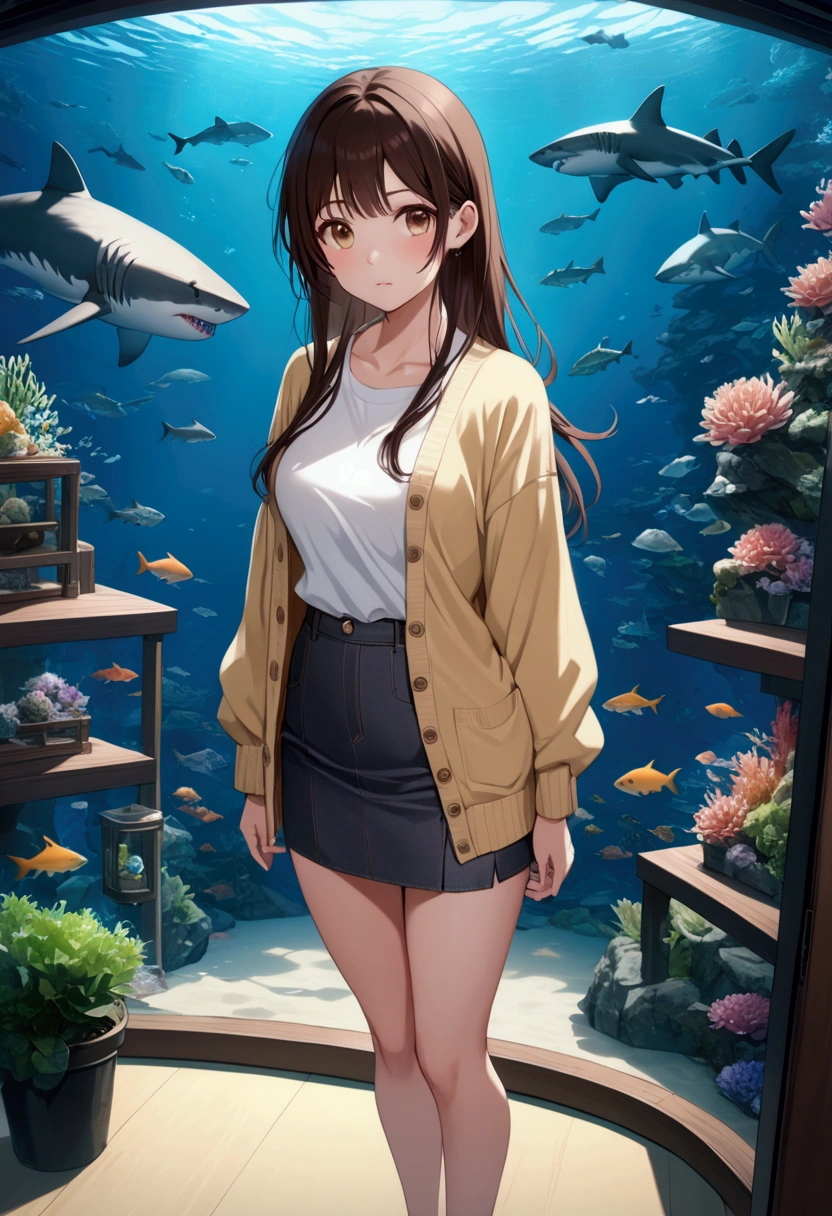 pretty  woman is posing at aquarium, shark on background, (chizuru ichinose, long hair, bangs, brown hair, brown eyes, one side up), wears light-yellow cardigan, white undershirt, black-gray denim pencil mini skirt, black ankle boot sandals, BREAK, ((best quality,4k,8k,highres,masterpiece:1.2),ultra-detailed, (very aesthetic:1.2), (absurdres:1.2), (detailed background), intricate details, newest, sfw), (1girl, solo, full body), (japanese anime style),(expressive eyes, perfect face, perfect anatomy), blue lighting