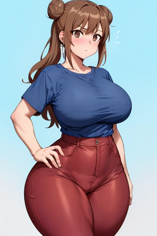 Beautiful Young Girl, Long Brunette Hair, Beautiful Blue Eyes, wearing a Red Shirt and worn Jeans, very huge hips, big butt, excessively enormous thighs, extremely thick thighs, Excessively Exaggerated Breasts, unrealistically Excessively Huge Breasts,